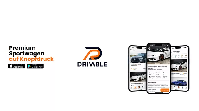 Banner 16:9: Wort-Bild-Marke, Store-Badges und App-Ansichten