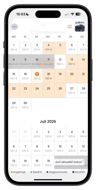 Kalender mit Tagespreisen, Anfragen und Blockzeiten