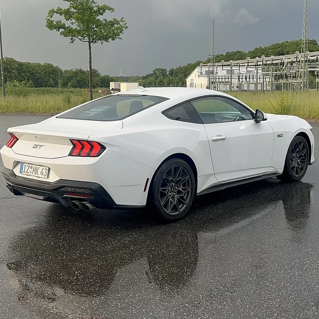 Ford Mustang GT V8 in Weiß, Heckansicht bei Regen mieten