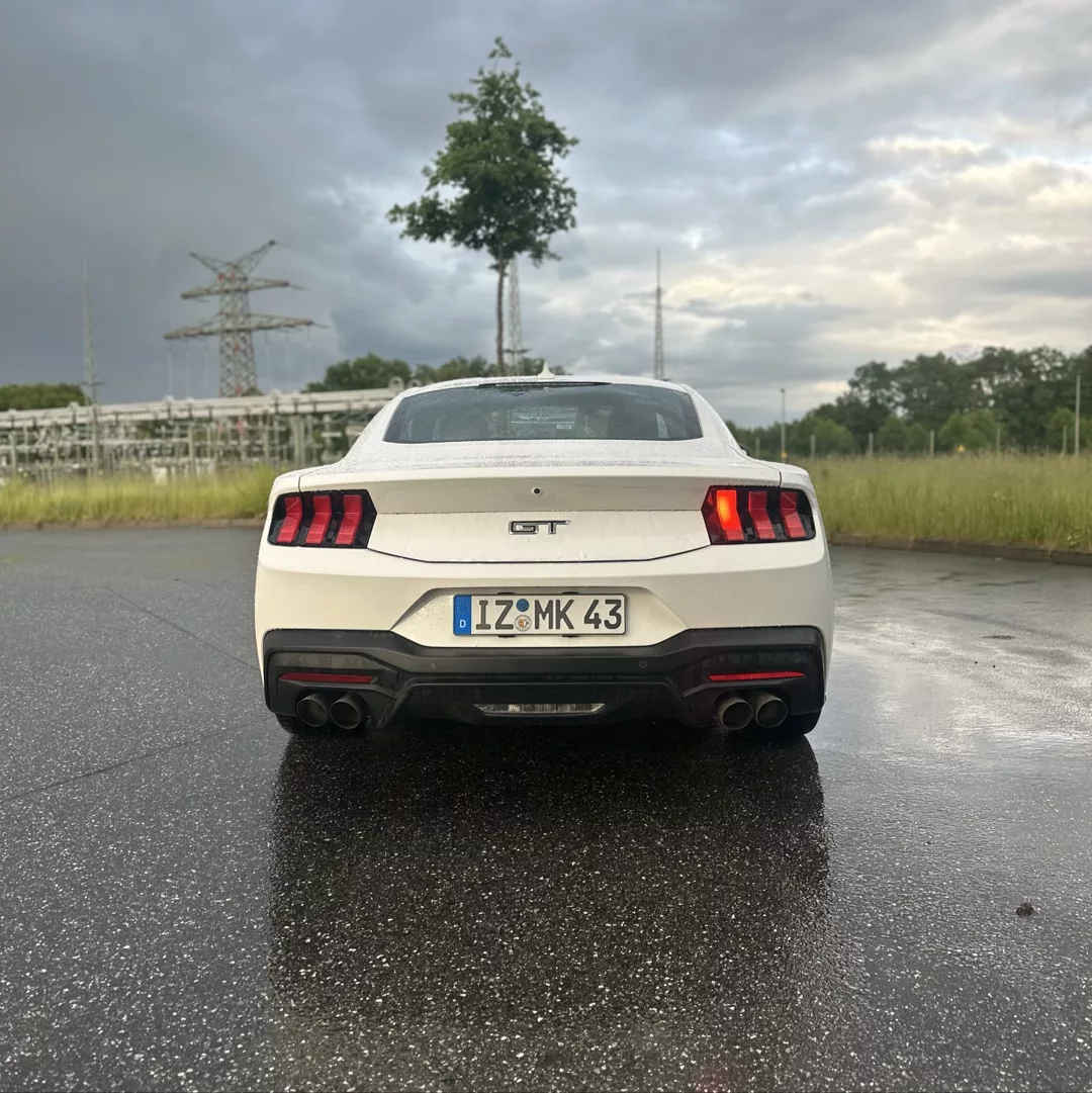 Ford Mustang GT V8 in Weiß, Rückansicht auf nasser Straße mieten