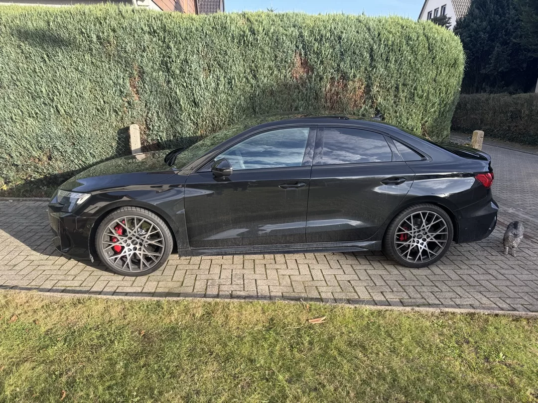 Audi RS3 2025 in Schwarz von der Seite mieten