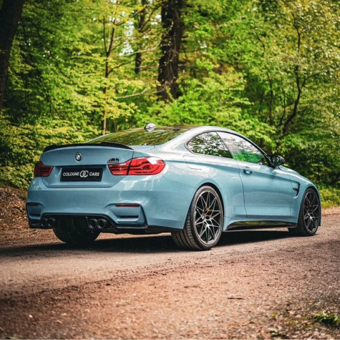 BMW M4 Competition in Blau mieten - Rückansicht im Wald