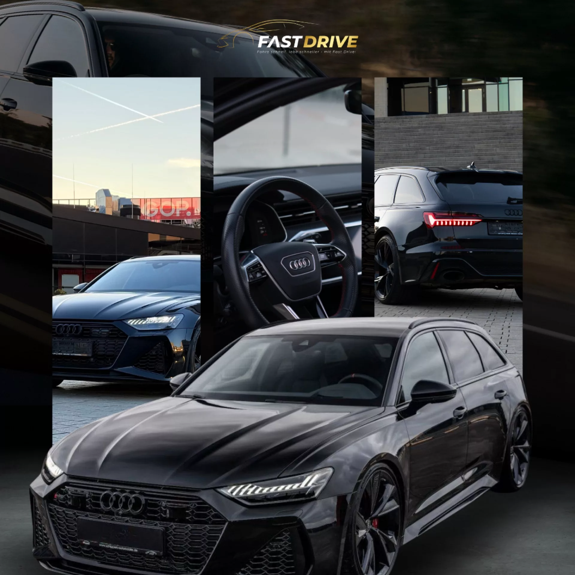 Audi RS6 in Schwarz mieten - Collage mit Front-, Heckansicht und Lenkrad.