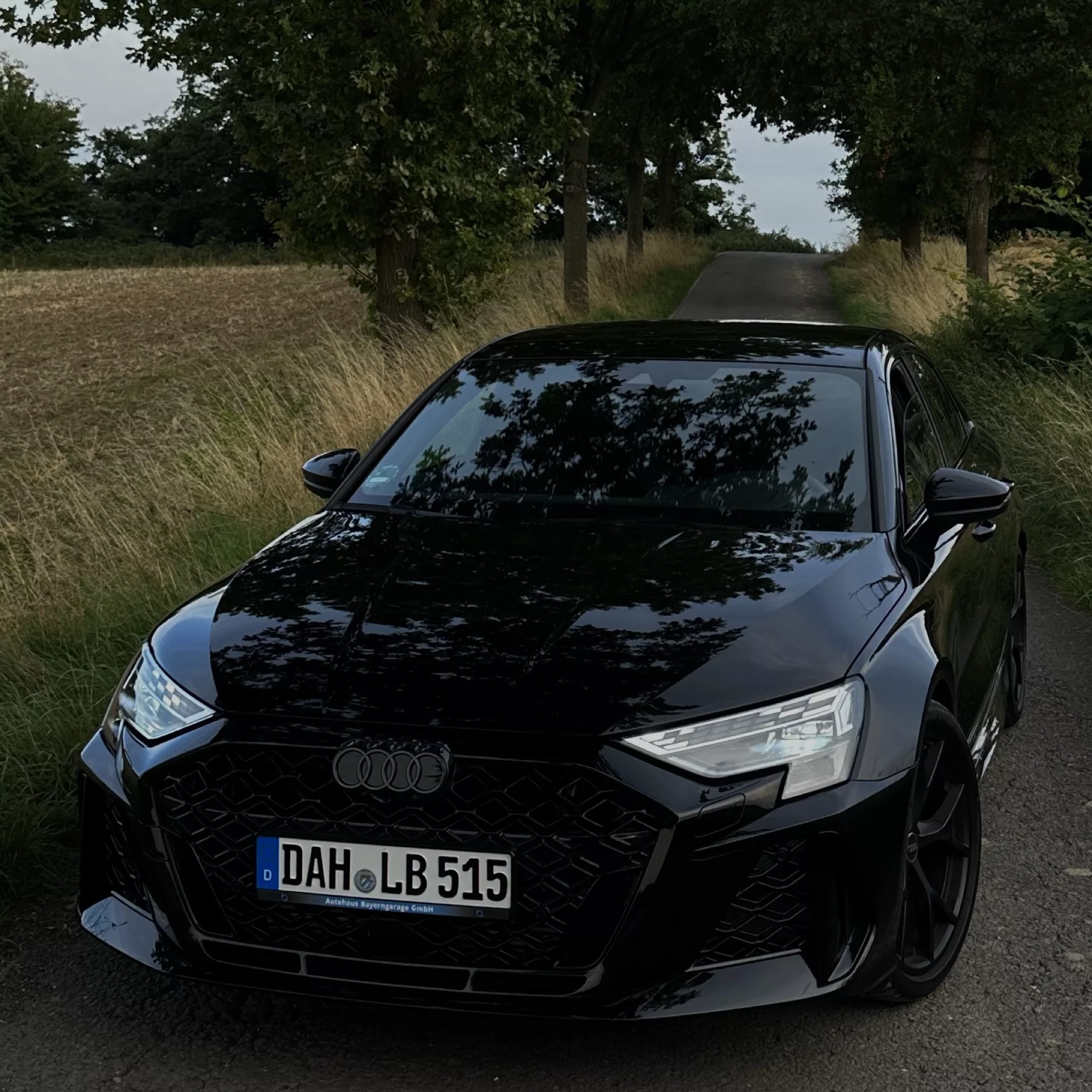 Audi RS3 Limousine in Schwarz mieten - Frontansicht auf Landstraße.