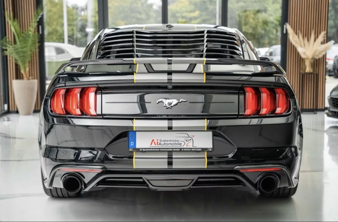 FORD MUSTANG GT 500 SHELBY OPTIK Heckansicht in Schwarz mit gelben Streifen mieten.