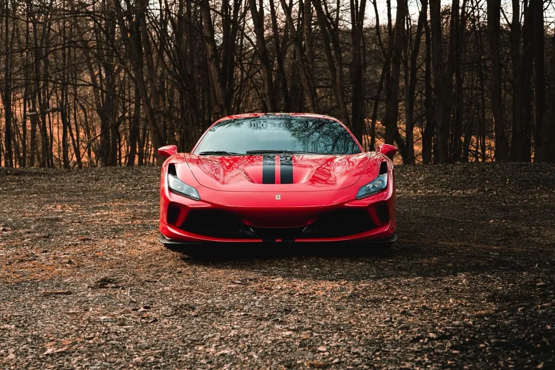 Ferrari F8 Tributo in Rot, Frontansicht im Wald mieten