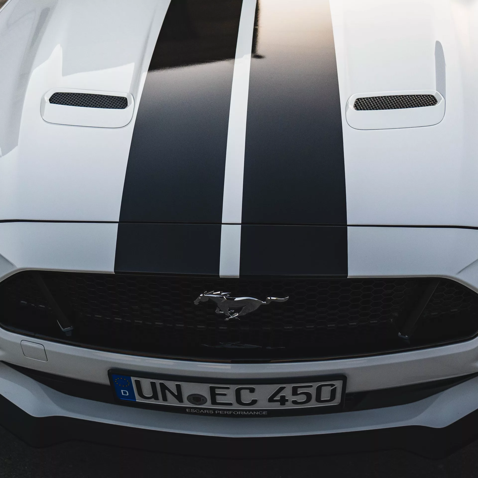 Ford Mustang GT 5.0 V8 mit Rennstreifen auf Motorhaube mieten.